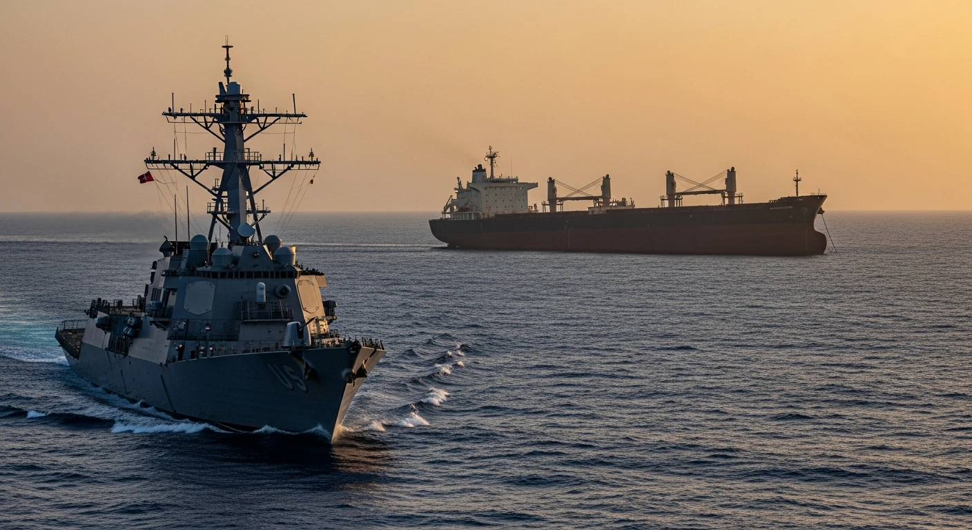 A U.S. Navy destroyer monitors a disabled cargo vessel in the Gulf of Oman during a maritime security operation.
