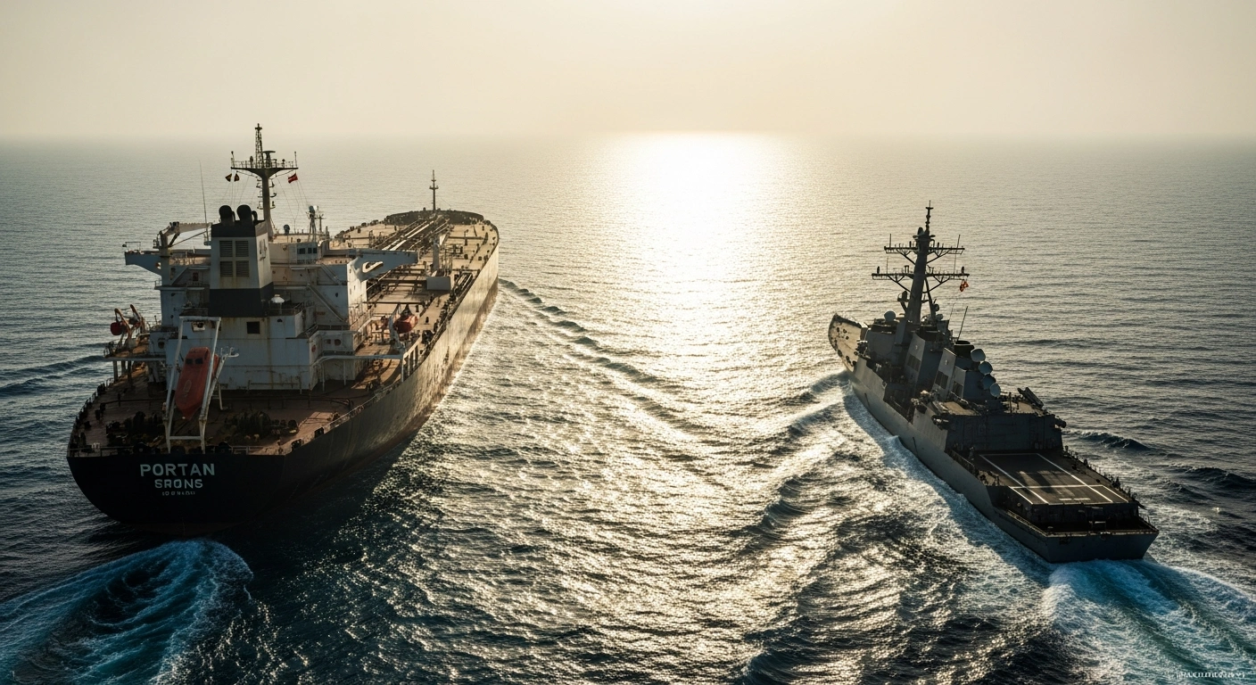 A United States Navy destroyer intercepts a large oil tanker in the Strait of Hormuz during a maritime security operation.