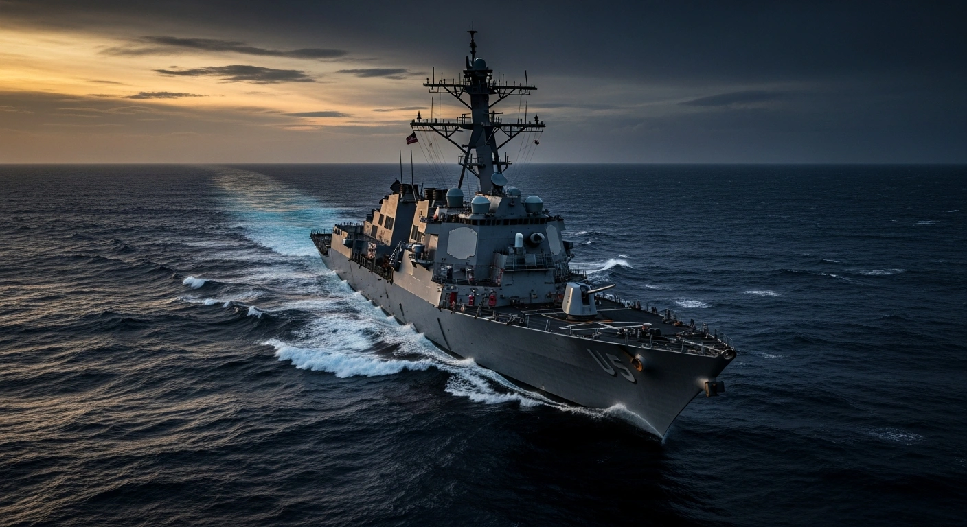 A United States Navy destroyer patrols the ocean as part of a newly reinstated naval blockade targeting Iranian shipping.