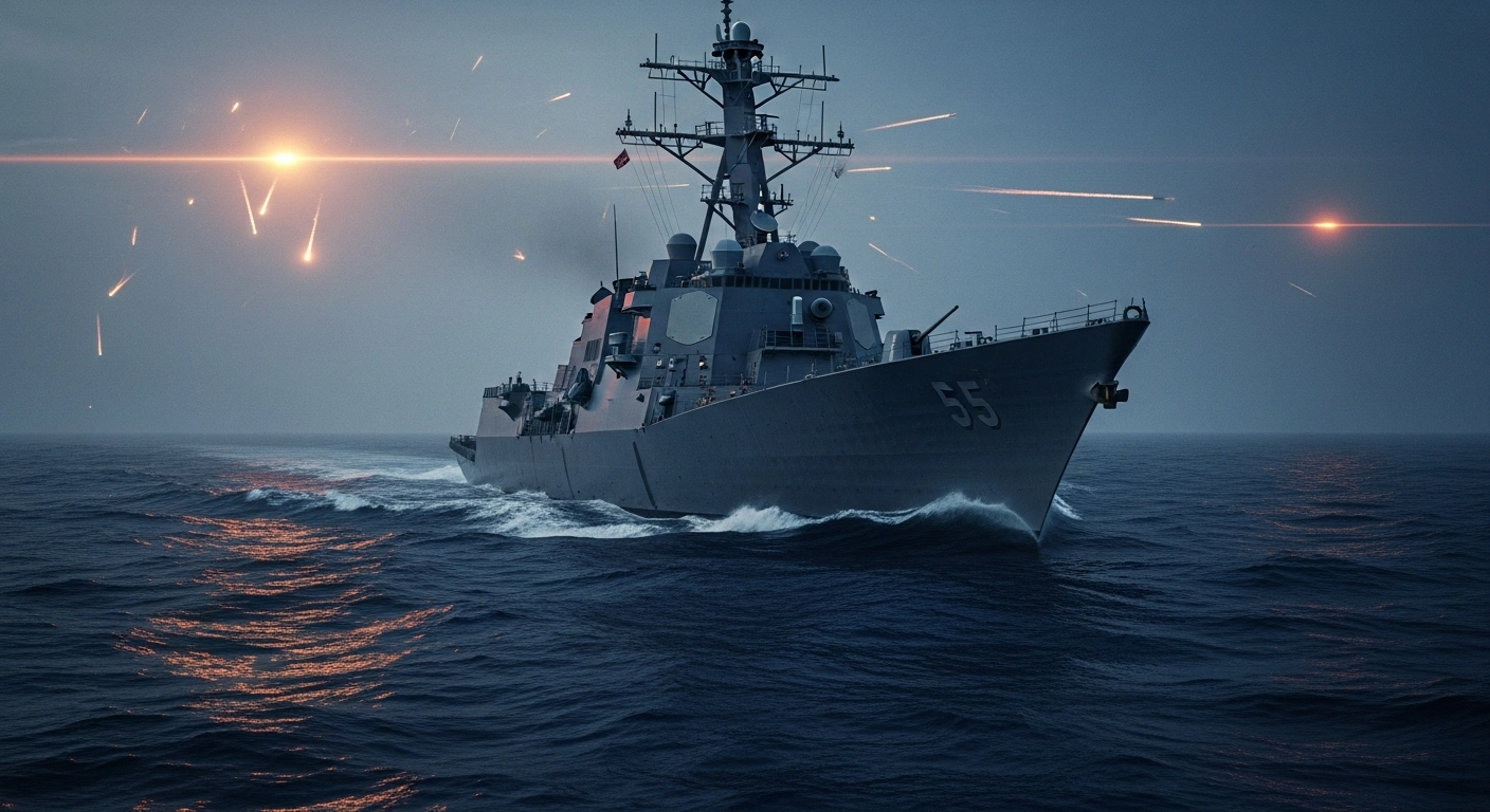 A U.S. Navy destroyer performs defensive maneuvers in the Strait of Hormuz while Iranian missiles and drones are visible in the distance.