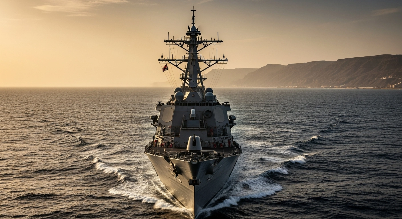 A United States Navy destroyer patrols the Strait of Hormuz during a period of geopolitical tension in the Persian Gulf.