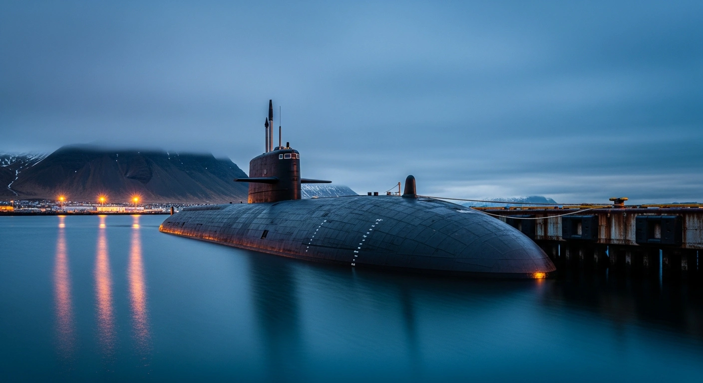 A United States Navy nuclear-powered submarine is docked at a pier in Reykjavik, Iceland, during a routine operation in the North Atlantic.