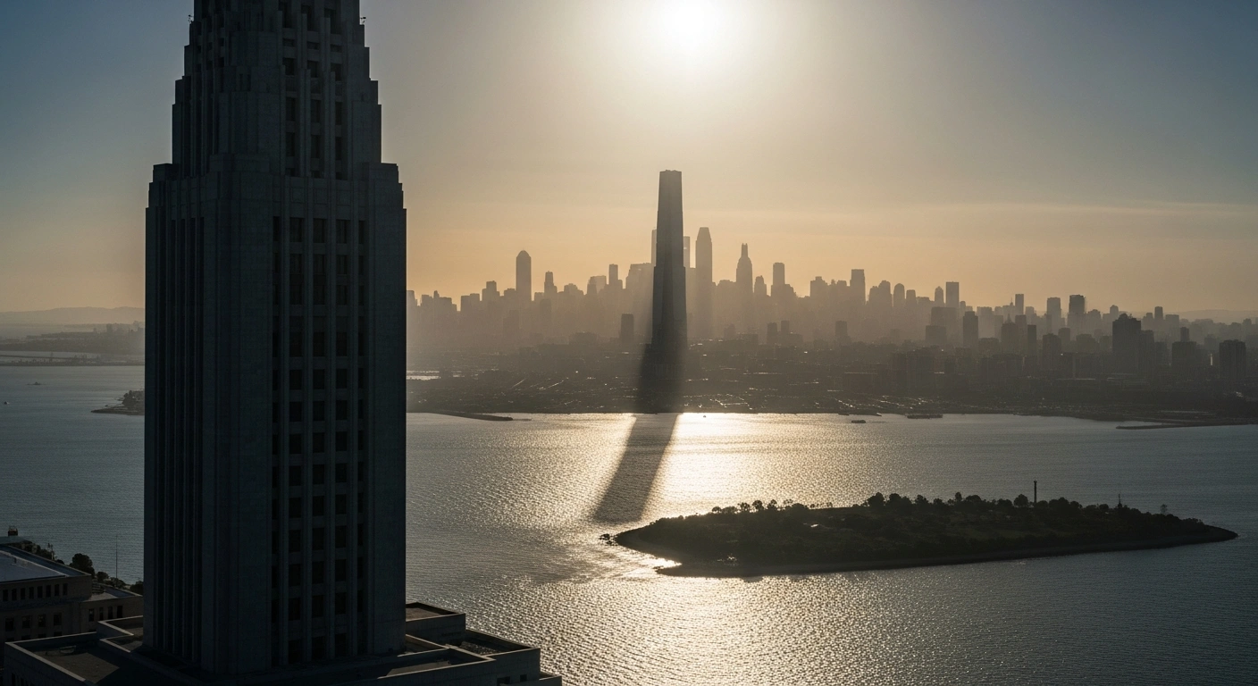 A dramatic visual metaphor shows a towering legislative building, representing the US House passing the NDAA, casting a long shadow over a distant, technologically advanced Chinese cityscape, symbolizing new restrictions on investments and biotechnology, while a brightly lit island in the foreground represents Taiwan receiving security cooperation.