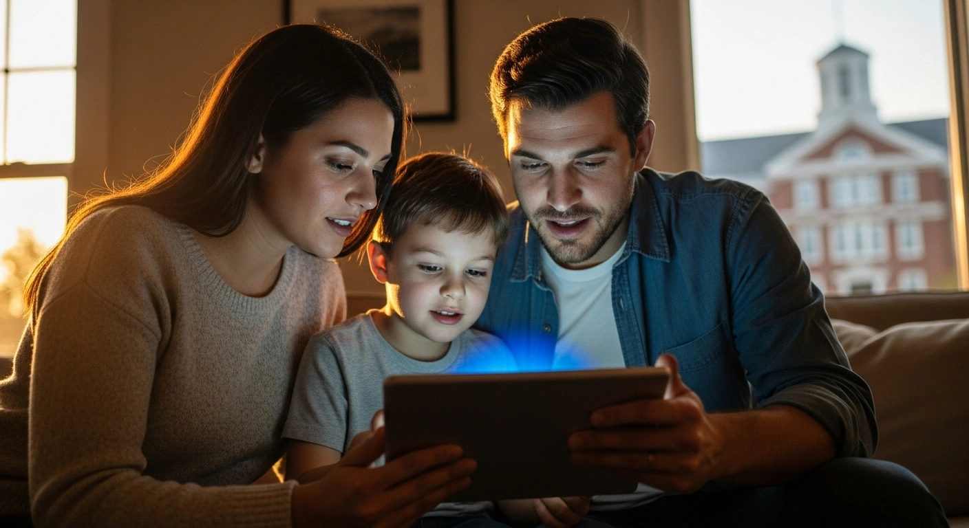 A family, including parents and a child, looks at a glowing tablet in a warm living room, representing the insights from U.S. News & World Report's 2026 Best Elementary and Middle Schools rankings based on state assessment data.