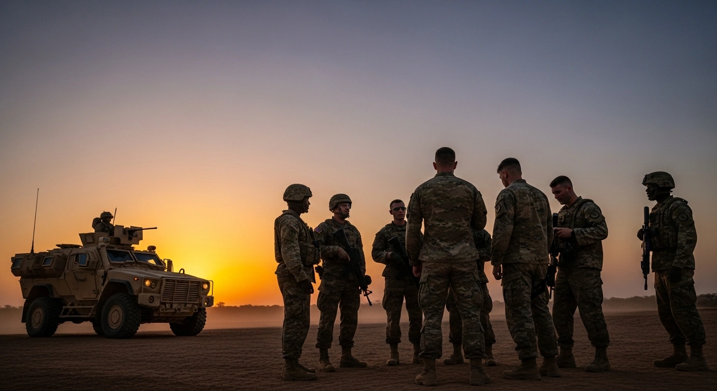 A small team of US military personnel stands with Nigerian counterparts in a dusty, arid landscape at dusk, discussing cooperation against militant groups following recent US airstrikes in Nigeria.