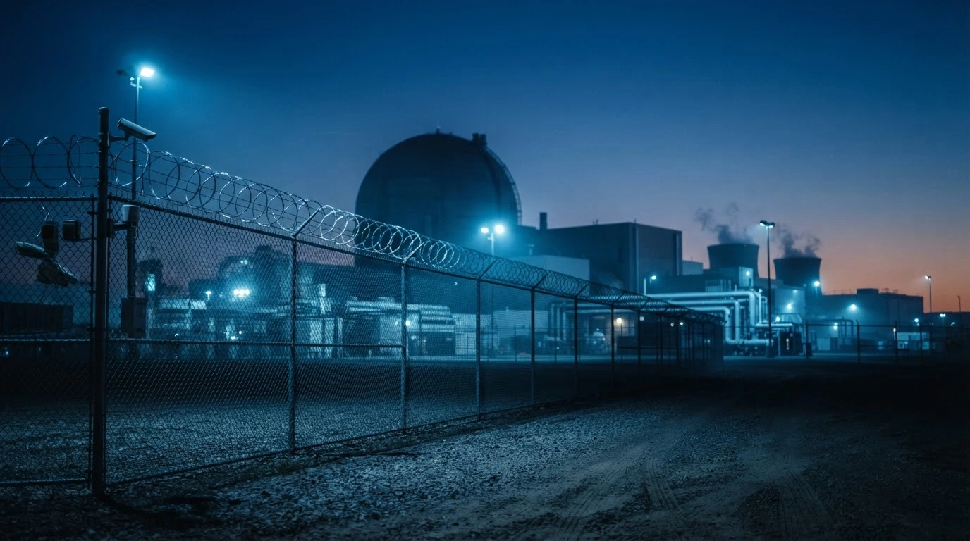 A high-security nuclear facility is shown at twilight, highlighting the critical infrastructure and security perimeters mentioned in the 2026 NTI Nuclear Security Index.