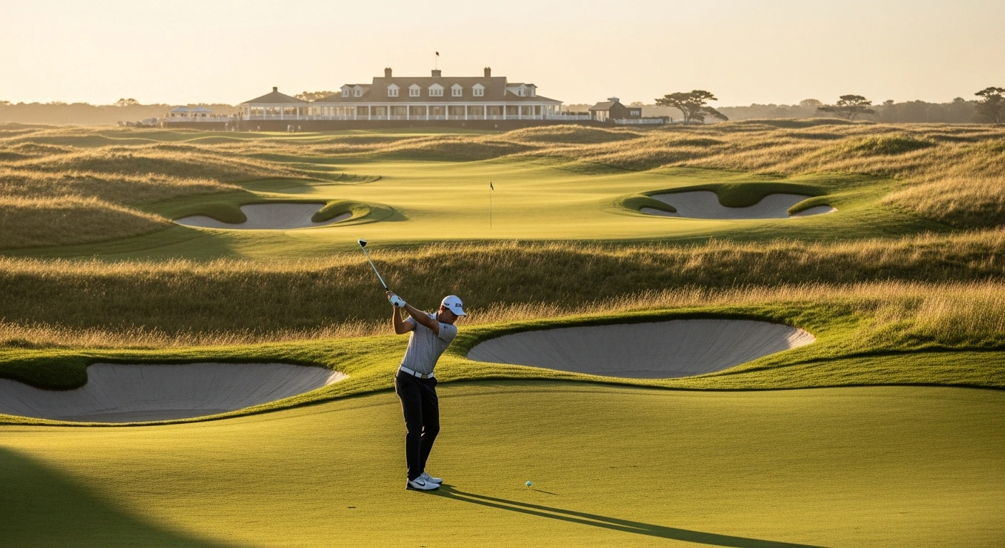 A professional golfer swings a club on the historic links course at Shinnecock Hills Golf Club during the 126th U.S. Open Championship.