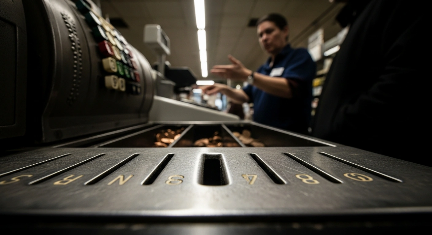 A close-up shot of an empty penny slot in a cash register drawer under harsh fluorescent lighting, symbolizing the nationwide penny shortage impacting US retailers and banks, with a blurry cashier and customer in the background struggling with cash transactions.