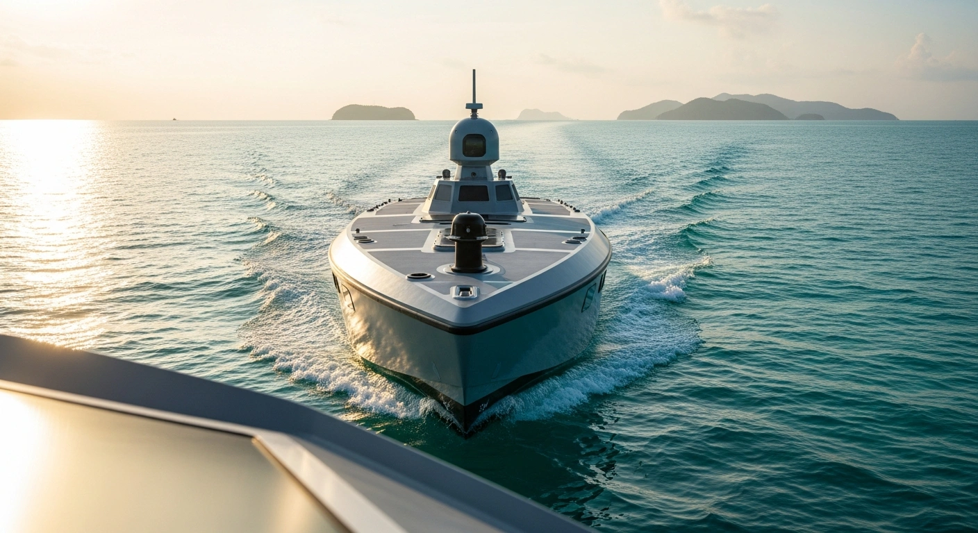 An autonomous surface vehicle patrols the tropical waters of the Philippines as part of a maritime security initiative between the United States and the Philippines.
