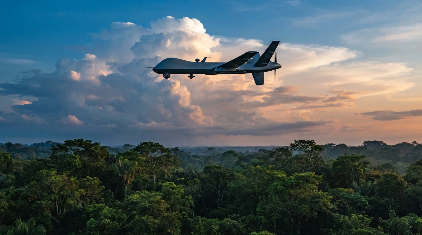 A United States MQ-9 Reaper drone flies over the Ecuadorian rainforest to support surveillance efforts against organized crime.