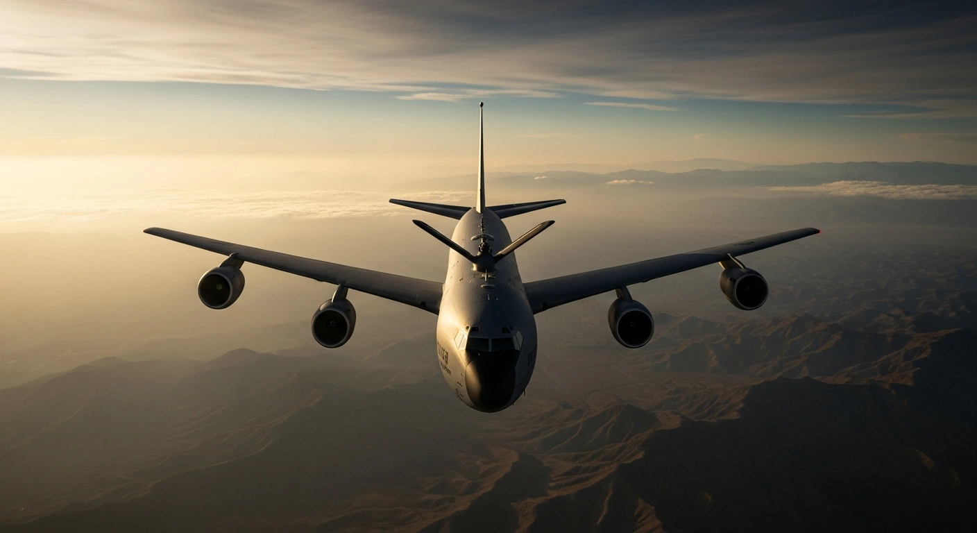 A United States military aerial refueling aircraft flies over a desert landscape as part of a strategic deployment to Israel.