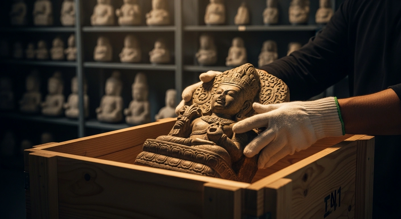 A museum official carefully handles an ancient stone artifact as part of the United States returning hundreds of stolen cultural items to India.