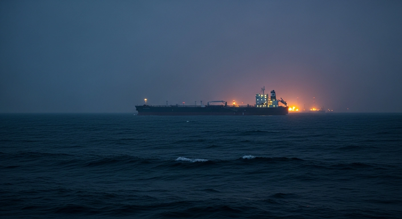 A large oil tanker sails through dark waters as the U.S. Treasury Department increases economic pressure on Iran by revoking oil sanctions waivers.