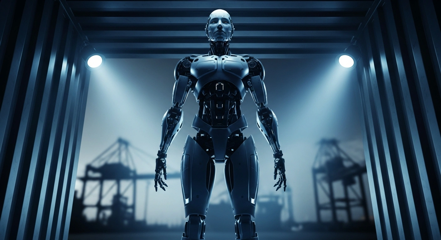 A sophisticated humanoid robot stands inside a shipping container as part of new United States restrictions on foreign robotic imports due to national security concerns.