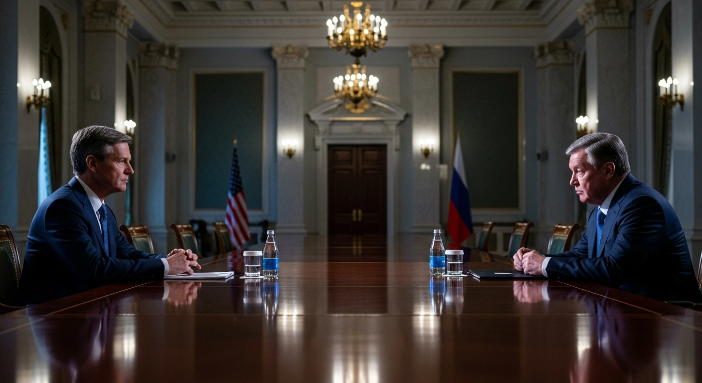 A photorealistic image depicting US Special Envoy Steve Witkoff and Russian President Vladimir Putin seated at a long, polished table in a grand, dimly lit hall in the Kremlin, preparing for their high-stakes meeting to discuss a peace plan for the ongoing conflict.