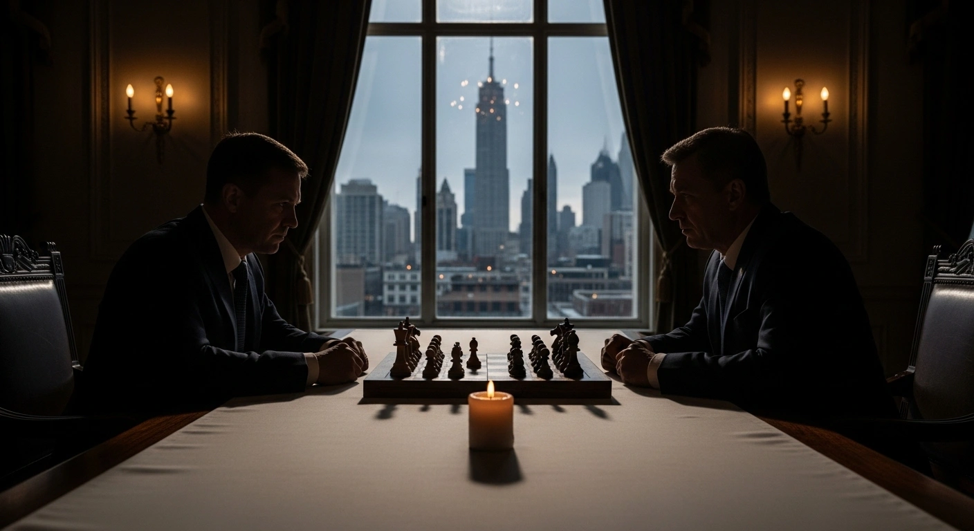 A dimly lit, opulent chamber features two powerful silhouettes seated at a long, polished table, with a chessboard in a stalemate between them, symbolizing the stalled US-Russia negotiations over Ukraine and potential sanctions.