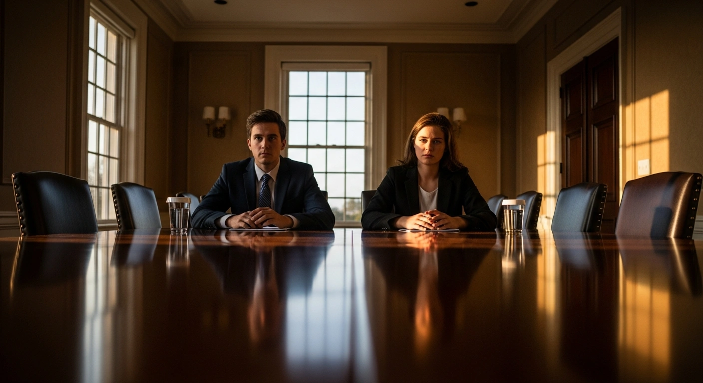 Two high-ranking officials, representing the United States and Russia, are seated at a large, polished conference table in a formal room in Florida, engaged in peace talks aimed at resolving the nearly four-year war in Ukraine.