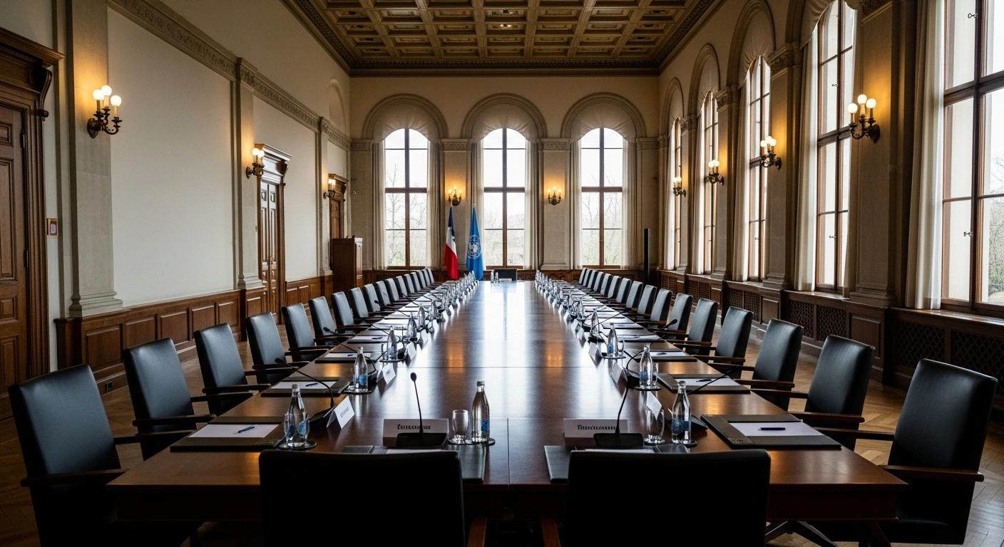 A grand, historic conference room in Geneva with a long, polished mahogany table and empty chairs, illuminated by soft afternoon light, symbolizing the upcoming US-brokered peace talks between Russia and Ukraine scheduled for February 2026.