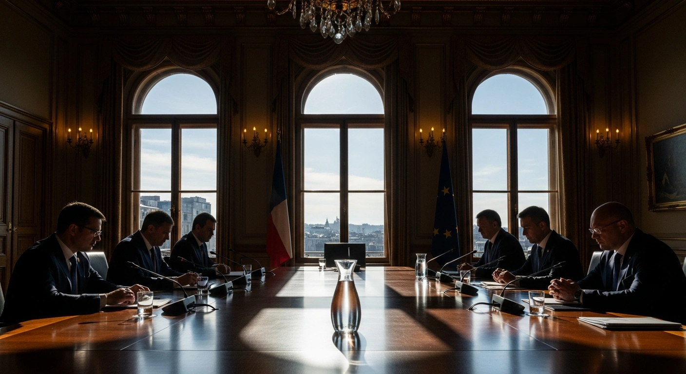 A somber, dimly lit conference room in Geneva, Switzerland, where Russian and Ukrainian officials are engaged in US-brokered peace talks, with a wide, low-angle view emphasizing the tension and low expectations for a breakthrough on territorial, security, and humanitarian concerns.