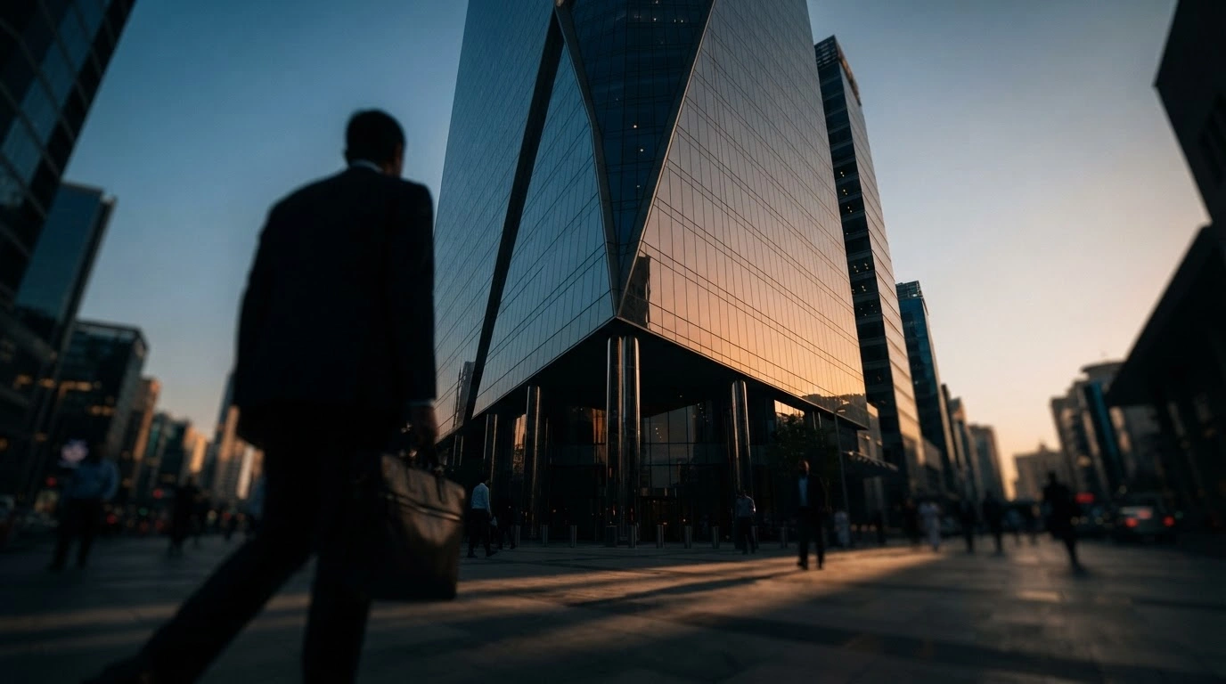 A modern financial building in the United Arab Emirates stands under a bright sky as the United States imposes sanctions on Banque Misr branches for alleged financial ties to Iran.
