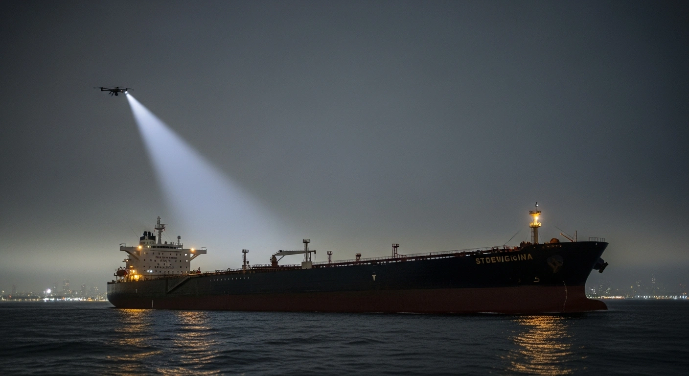 A massive, weathered oil tanker is dramatically illuminated by a single spotlight from an unseen drone on a foggy, moonless night, symbolizing the illicit transport of Iranian oil and the impact of US sanctions.