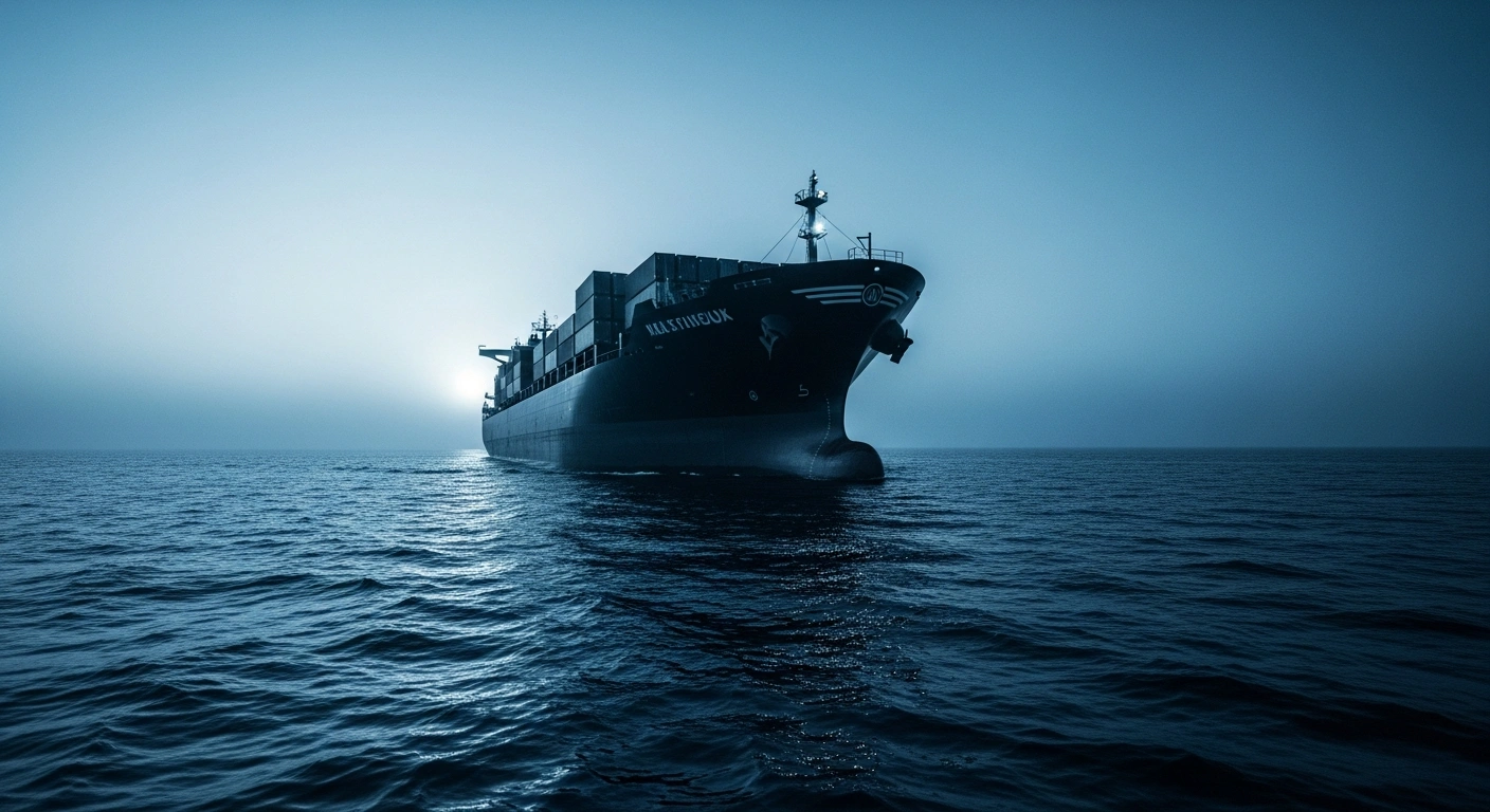 A large cargo ship sails through the Strait of Hormuz as the US Treasury Department implements new sanctions against Iranian shipping and insurance companies.