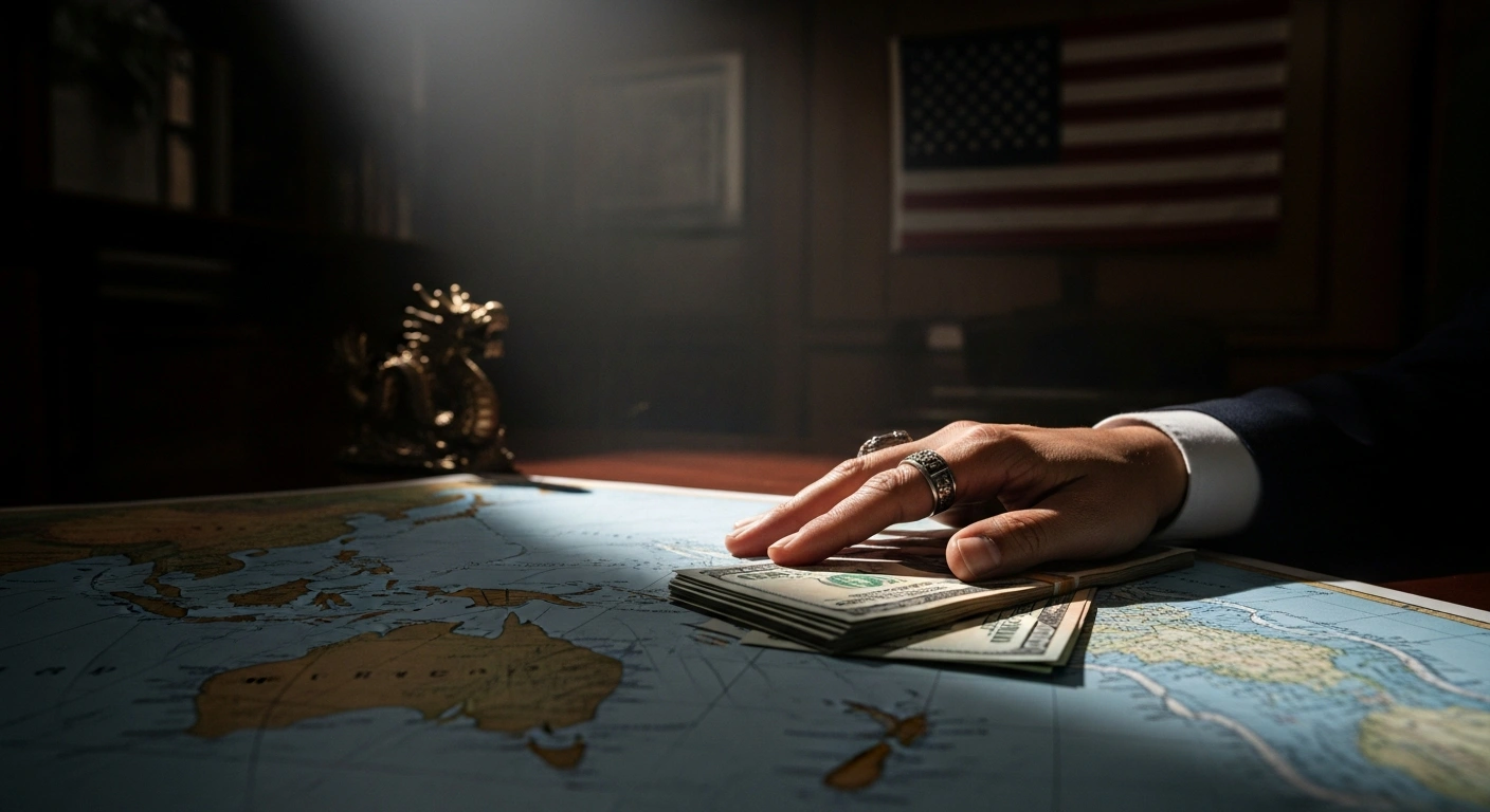 A low-angle, close-up shot in a dimly lit, opulent tropical office features a hand with a ring resting on a stack of currency, partially obscuring a map of the Pacific, with subtle background elements hinting at both Chinese and American influence. This scene visually represents the corruption in Palau and the Marshall Islands, involving figures like Hokkons Baules and Anderson Jibas, which prompted U.S. sanctions due to malign foreign influence.