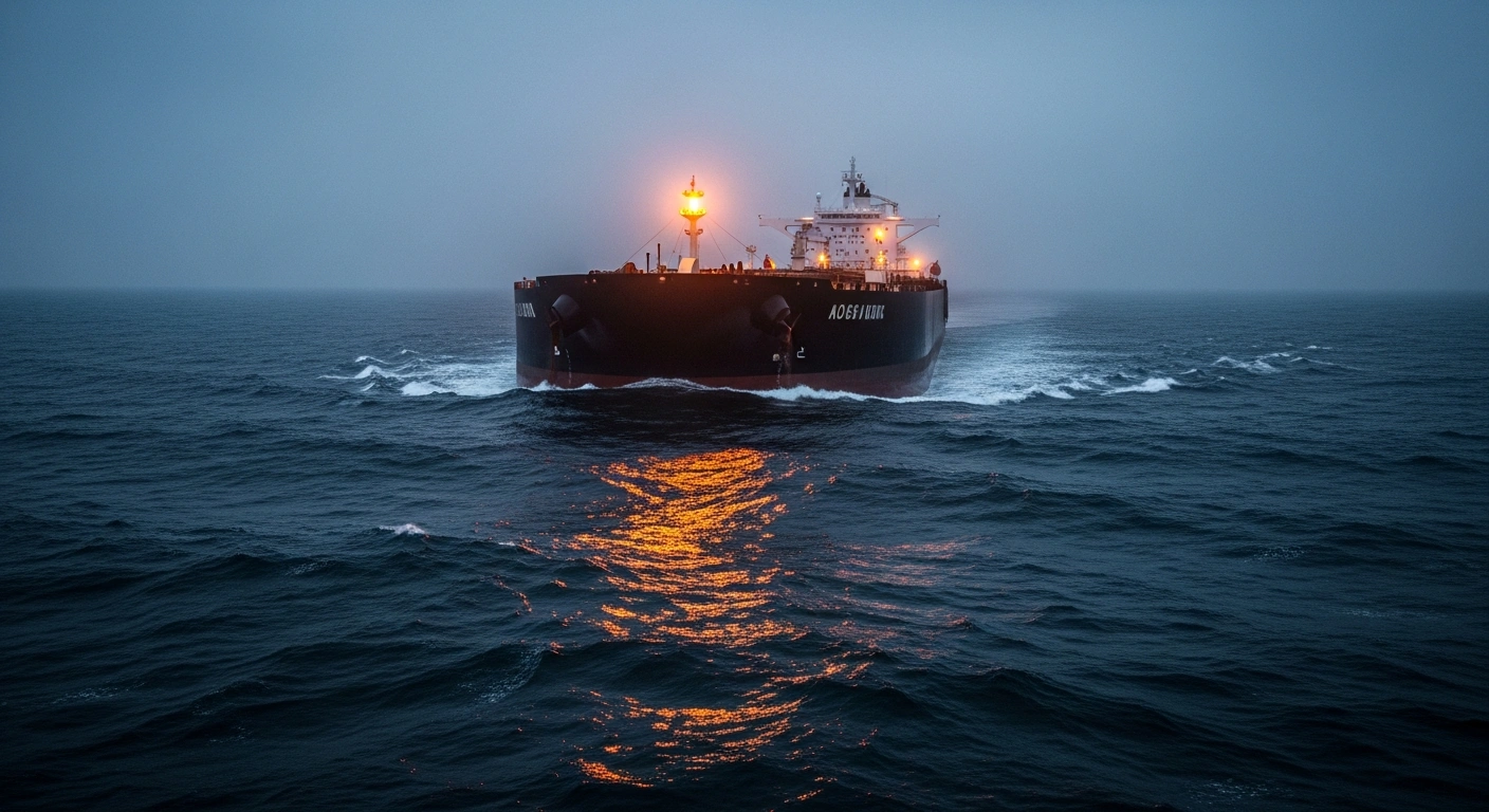 A large oil tanker sails across the ocean as the United States enforces new sanctions on Russian seaborne oil exports.