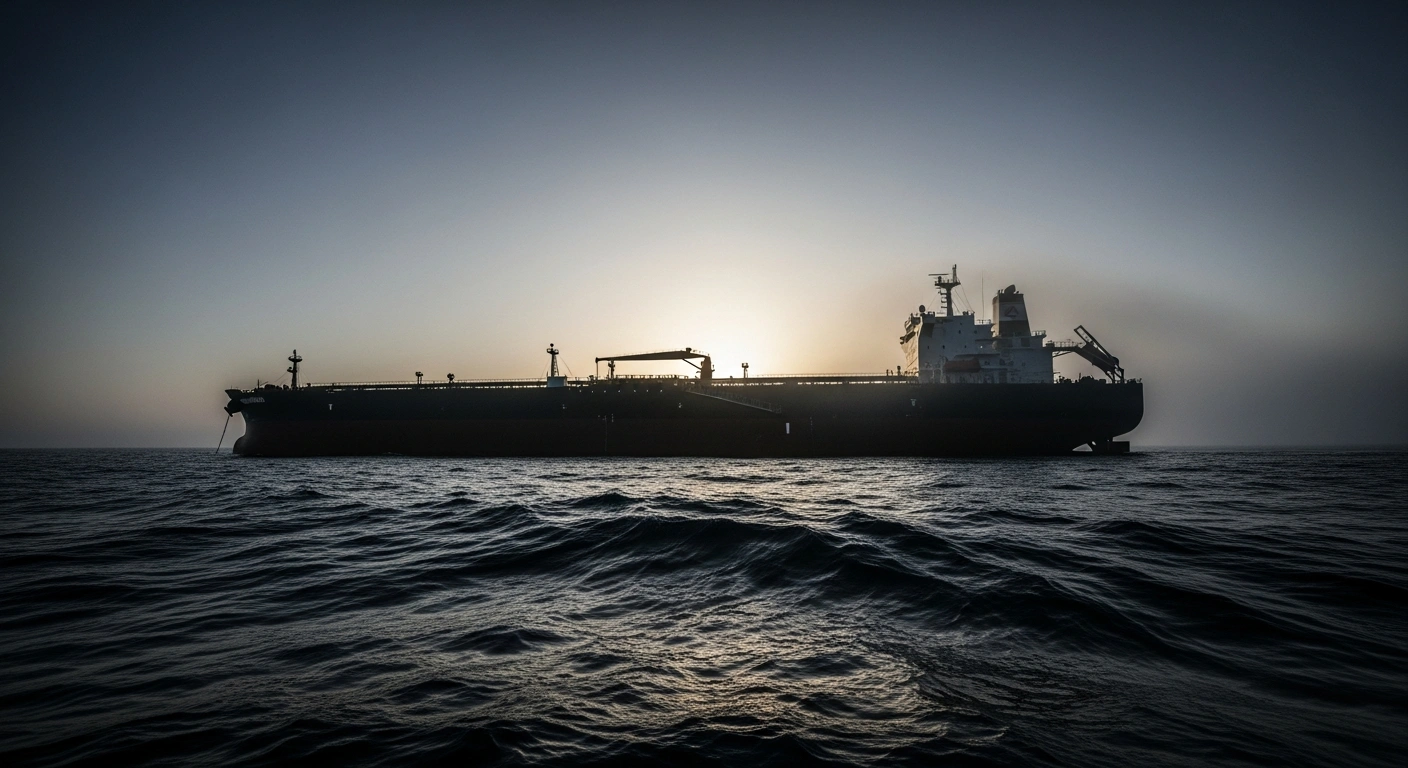 A large, shadowy oil tanker navigates a stormy sea under a twilight sky, symbolizing the U.S. Treasury's sanctions against Venezuela's oil sector and the alleged illicit trade by a 'shadow fleet' involved in sanctions evasion.