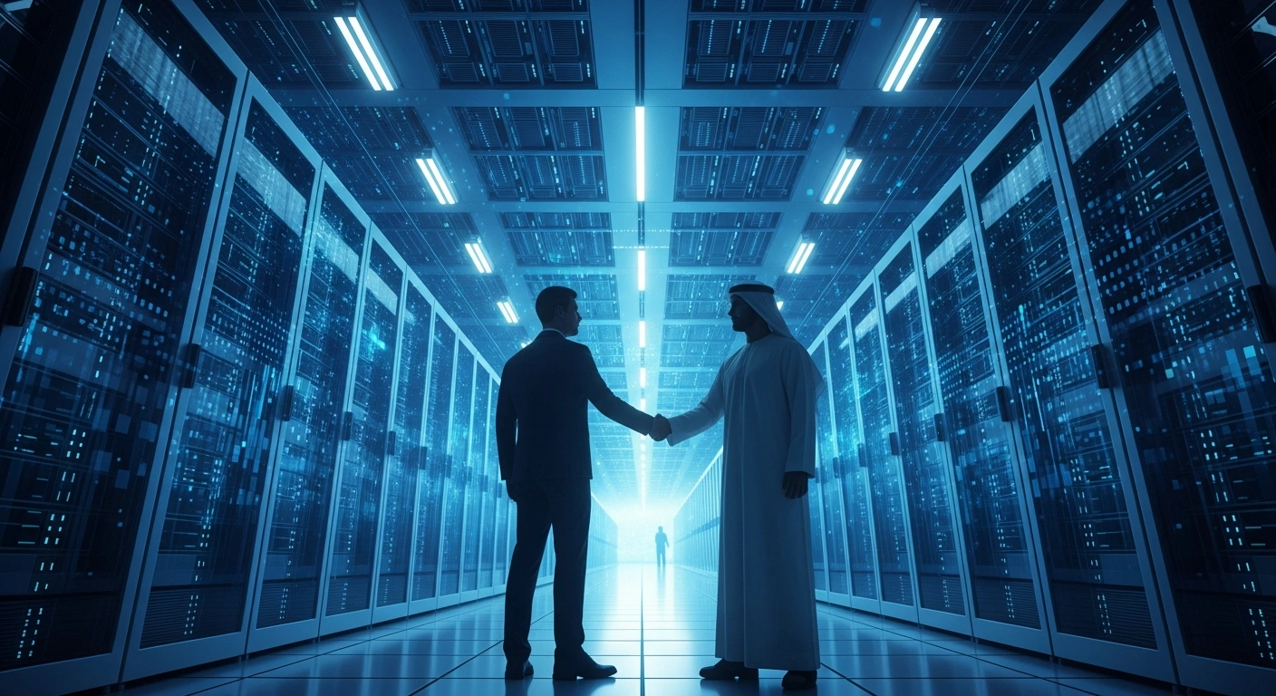 A wide, low-angle view of a futuristic AI data center, illuminated by blue light from server racks, with two silhouetted figures shaking hands in the foreground, representing the Strategic Artificial Intelligence Partnership between the United States and Saudi Arabia, alongside the joint venture by AMD, Cisco, and Humain to develop AI data center capacity.