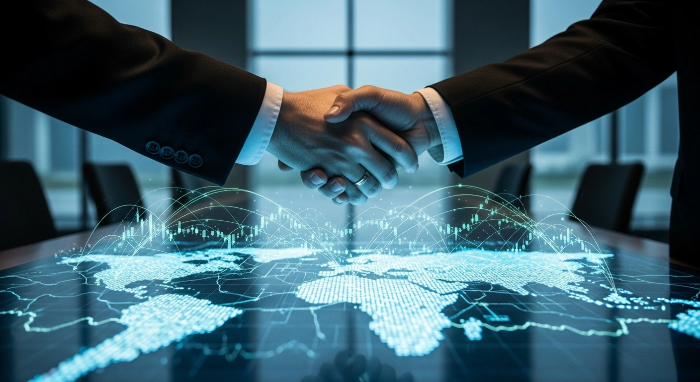 Two hands, one representing the U.S. and the other Saudi Arabia, are clasped in a handshake over a glowing holographic display of financial data, symbolizing their new agreements for enhanced financial and economic cooperation.
