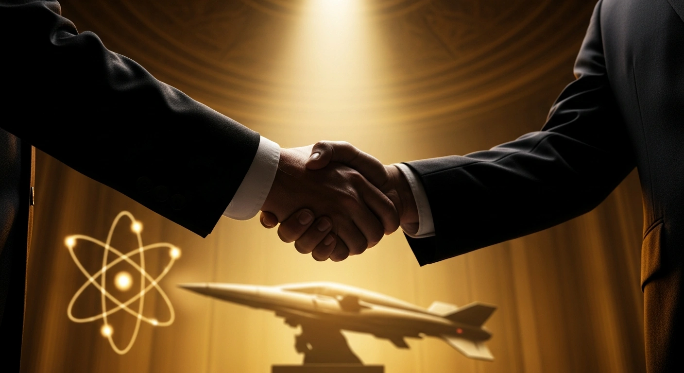 A dramatic, low-angle photograph shows two figures, representing the United States and Saudi Arabia, shaking hands in an opulent, dimly lit chamber, symbolizing their solidified strategic partnership and agreements on civil nuclear energy and advanced weaponry.
