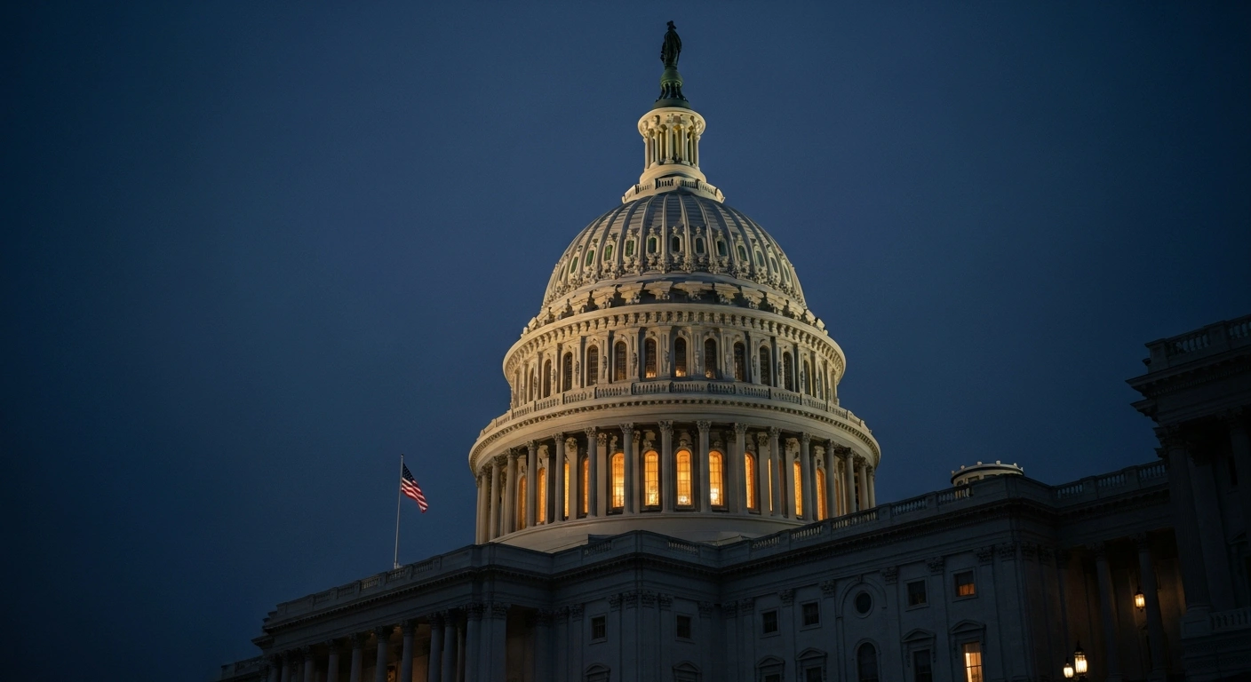 The United States Capitol building is illuminated at twilight as Senate leaders negotiate a bipartisan continuing resolution to fund the federal government.