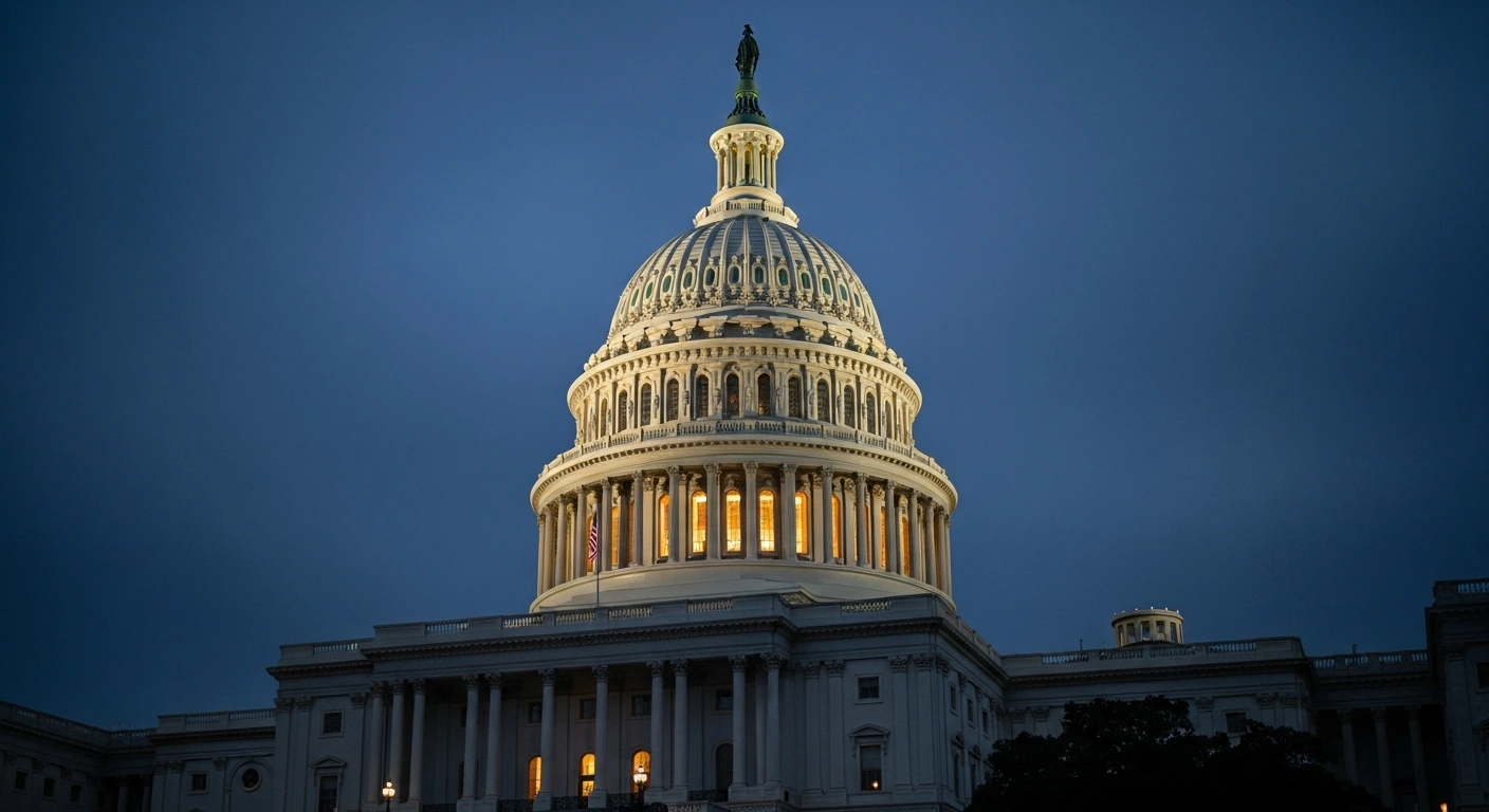 The United States Capitol building is illuminated at dusk as the Senate passes a bipartisan measure to maintain federal government operations.