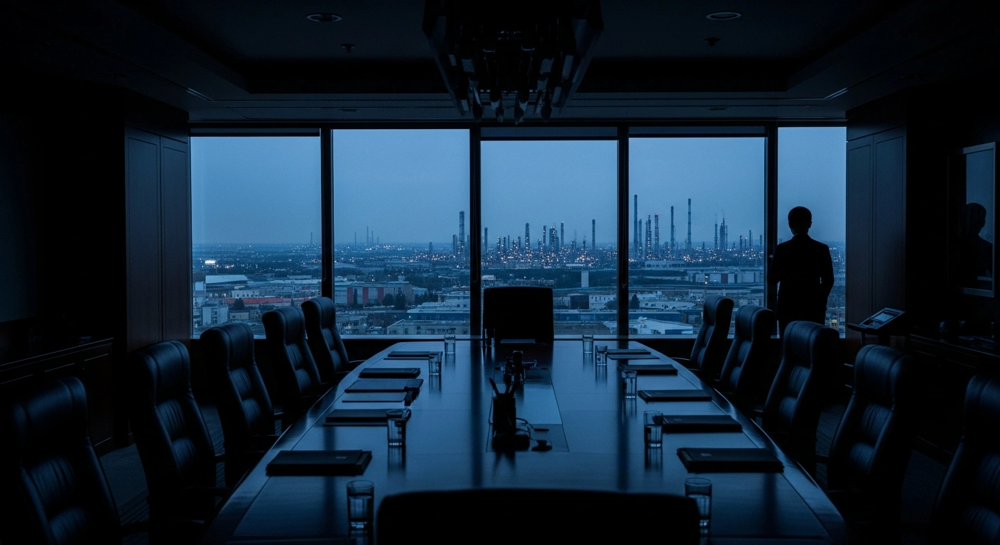 A silhouette of a person looks out over an industrial city skyline representing the economic impact of US Senate sanctions on Russian financial and energy sectors.