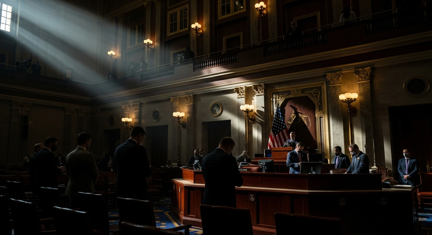 A wide, low-angle photograph of the U.S. Senate chamber, dramatically lit with golden light and deep shadows, showing figures near a voting console, symbolizing the Senate's vote to advance a bill resolving the government shutdown and providing back pay.