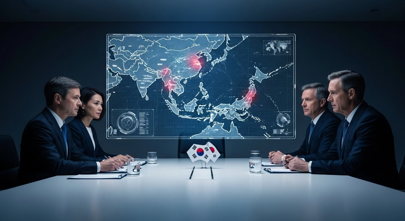 Three diplomats from the United States, South Korea, and Japan are shown in a dimly lit conference room, intently observing a holographic map of the Indo-Pacific region, with subtle red highlights over Taiwan and the South China Sea, symbolizing their joint concern over destabilizing activities and commitment to international law.