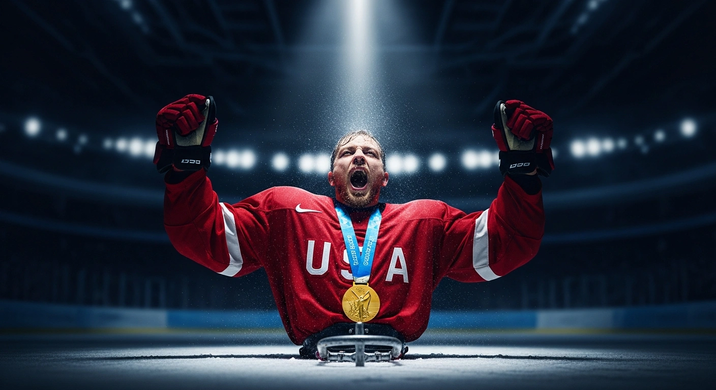A triumphant United States sled hockey player celebrates winning the gold medal at the 2026 Winter Paralympics in Milan after defeating Canada.