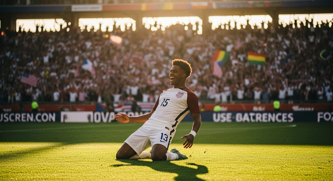 A United States men's national soccer team player celebrates on the field after securing a spot in the 2026 FIFA World Cup round of 16.