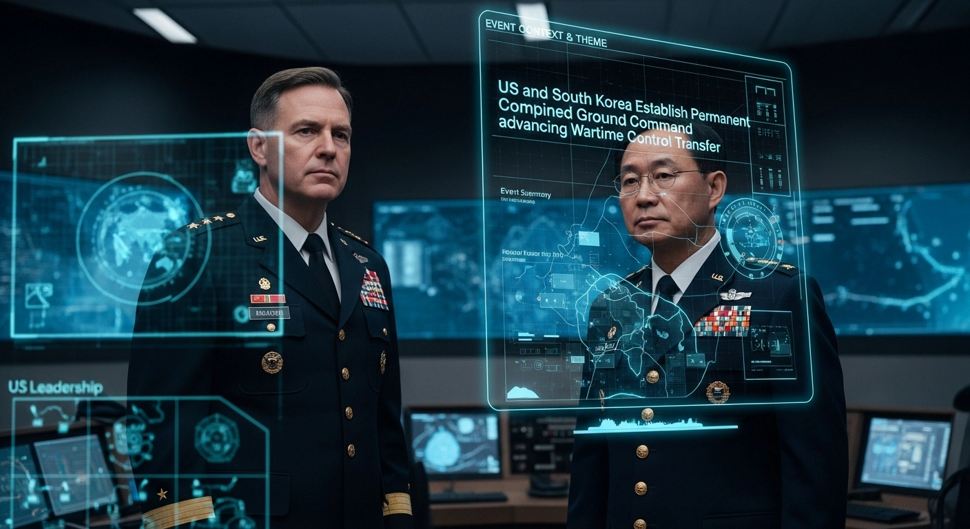 An American general and a South Korean general stand side-by-side in a high-tech command center, illuminated by strategic displays, symbolizing the formalized Combined Ground Component Command and South Korea's move toward regaining wartime operational control.