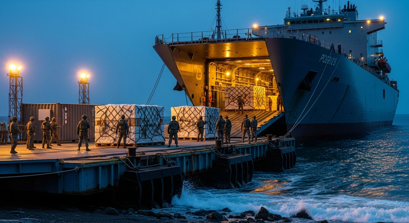 South Korean and U.S. military forces conduct a joint logistics over-the-shore exercise by moving equipment from a ship to a temporary pier.