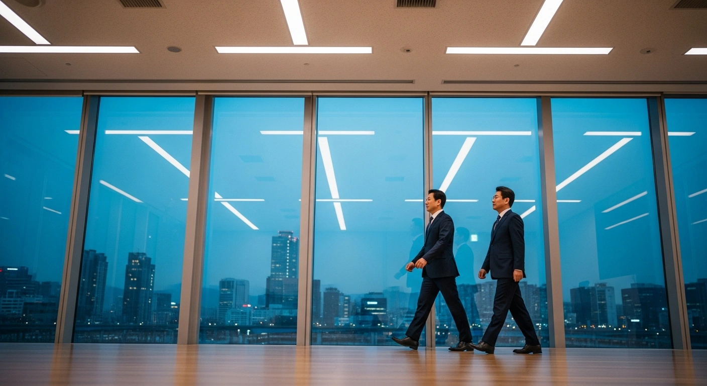 United States and South Korean officials walk through a modern conference center in Seoul after concluding high-level security talks.