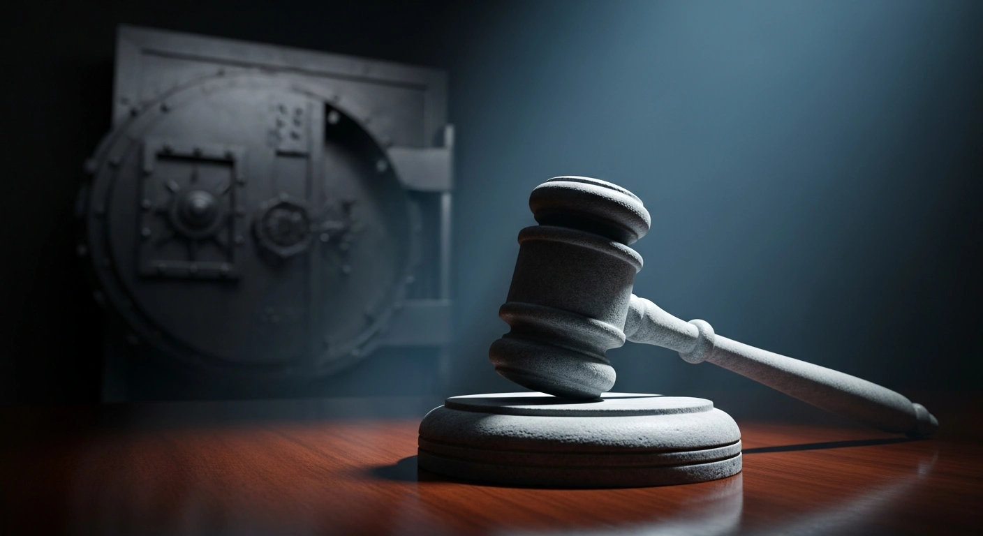 A heavy wooden gavel sits on a desk in front of a large steel vault, representing the United States' defensive stance regarding the International Criminal Court and national sovereignty.