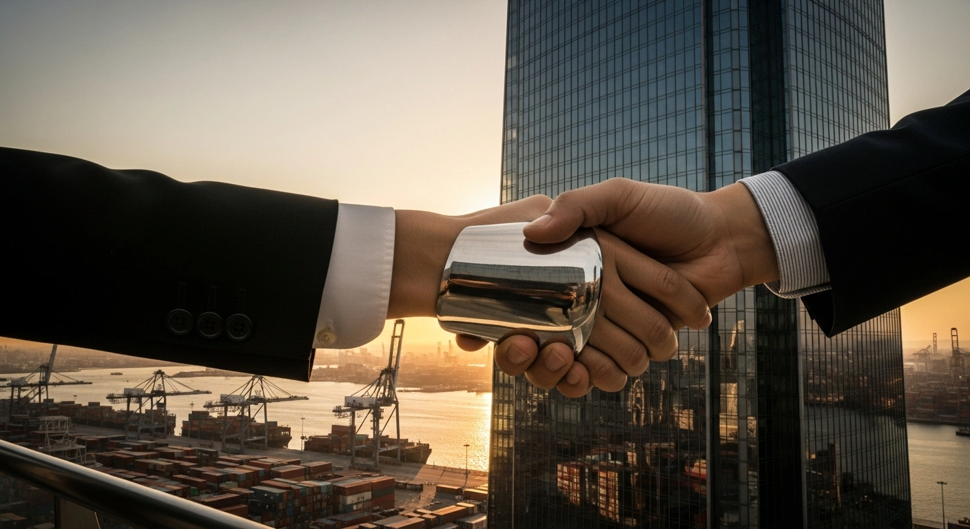 Two business professionals shake hands in front of a modern shipping port, representing the strong economic and trade partnership between the United States and Spain.