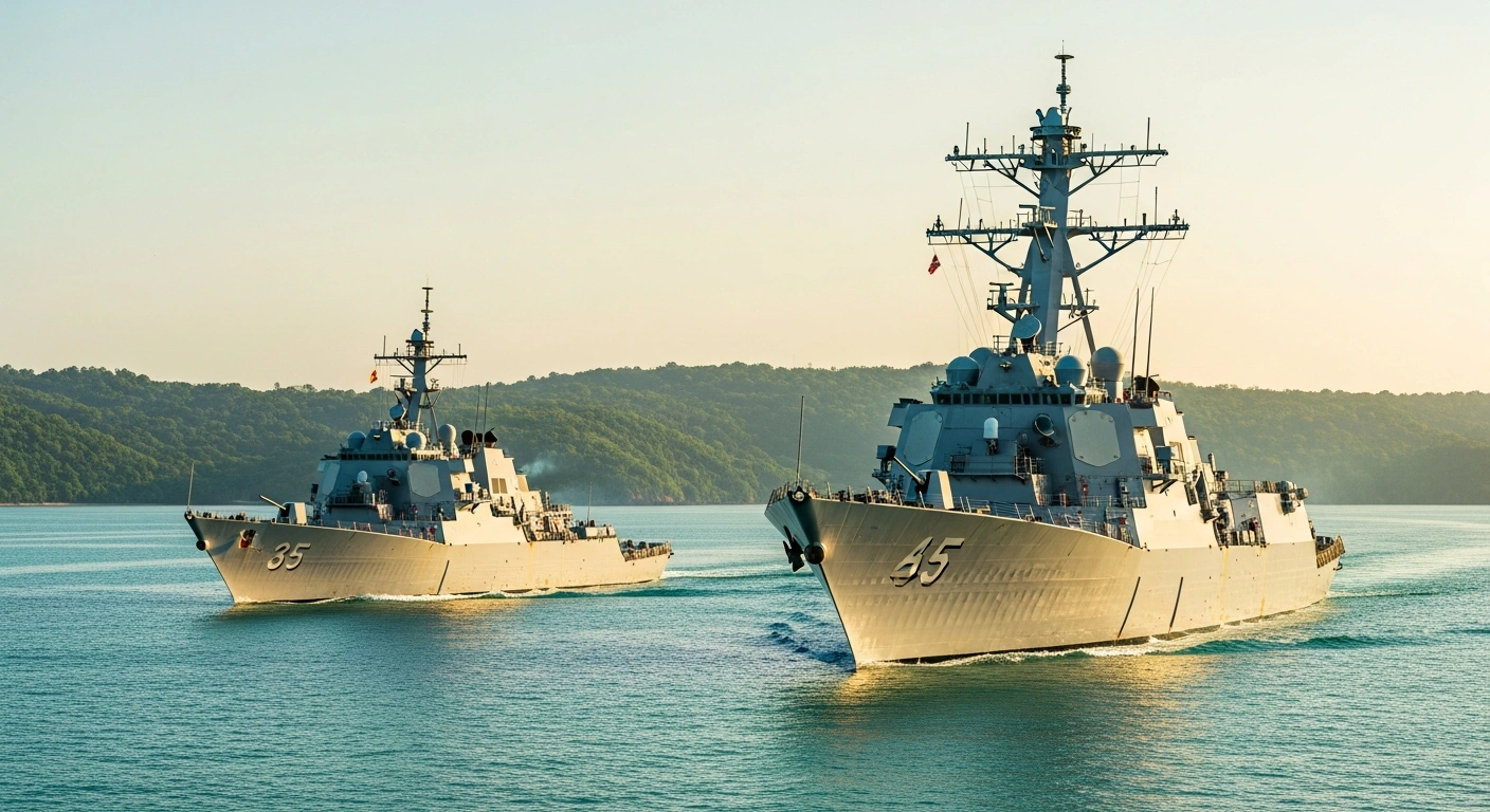 A United States Navy ship and a Sri Lankan Navy vessel sail together in the waters of Trincomalee during the CARAT maritime security exercise.