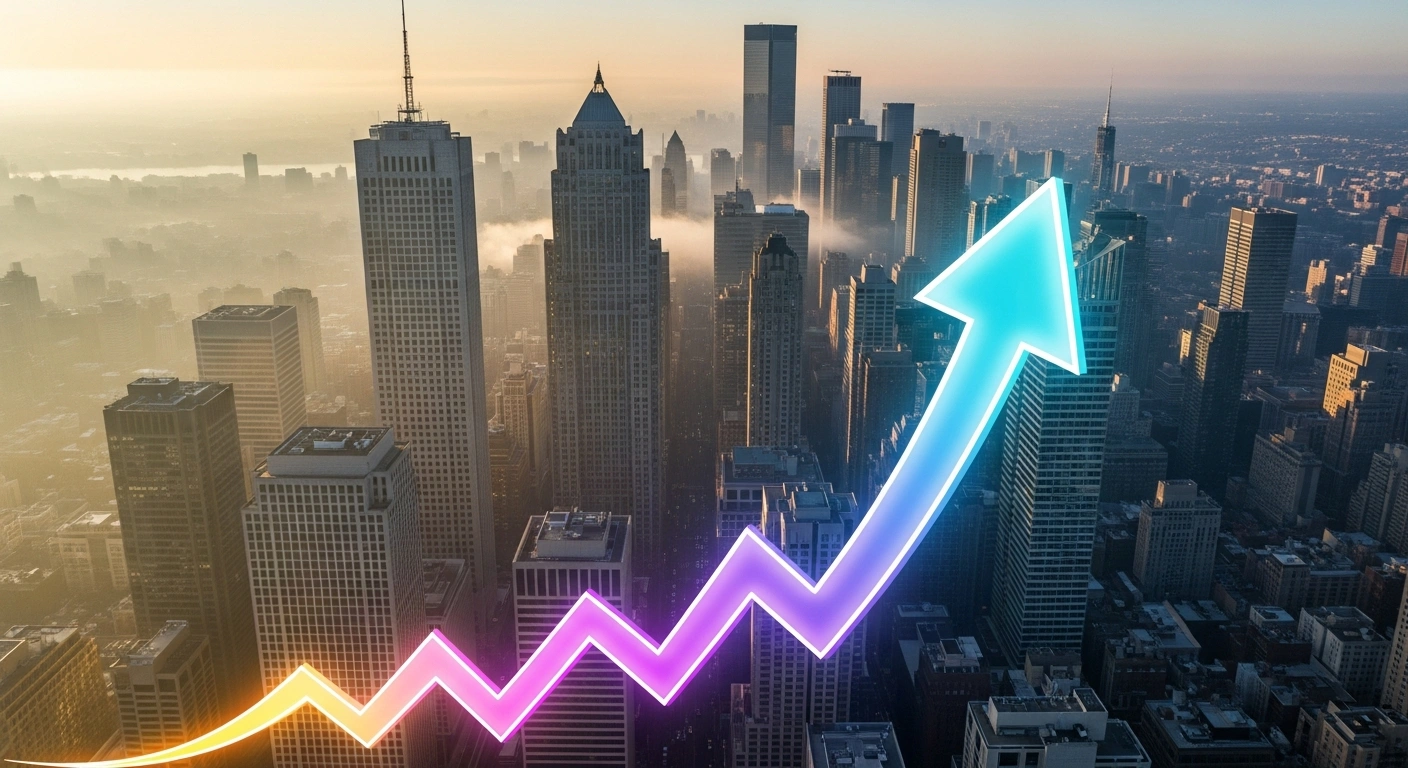 A high-angle view of a financial district at dawn, illuminated by golden light, features a large, abstract glowing arrow ascending towards the sky, symbolizing the significant climb of US stock futures, including the S&P 500, Dow Jones, and Nasdaq, as a government shutdown deal brings relief to investors.