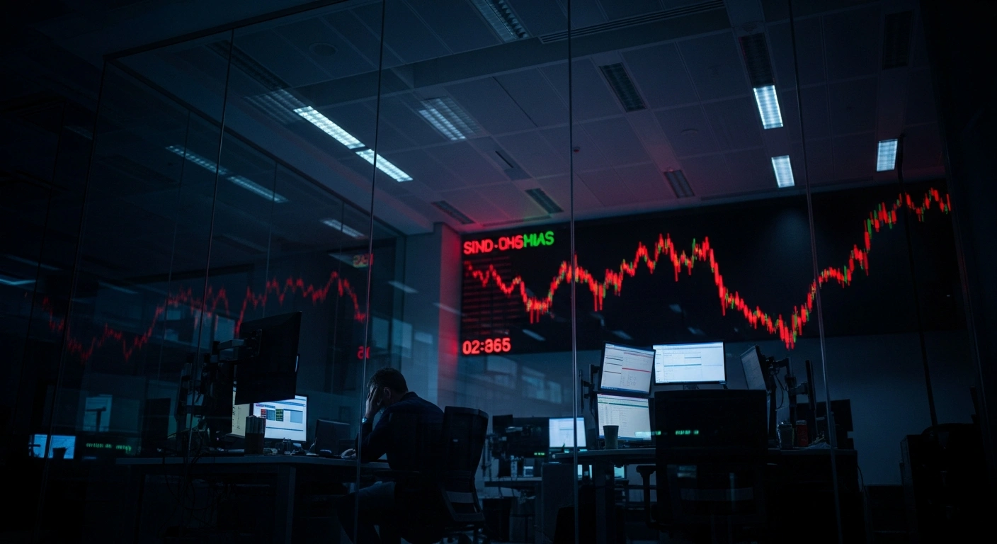 A lone trader sits in a dimly lit office as stock market indicators show a significant downturn during a period of global economic volatility.