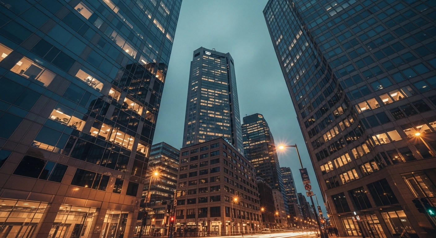 A modern financial district with glowing skyscrapers represents the resilience of U.S. stock markets during a period of global economic optimism.