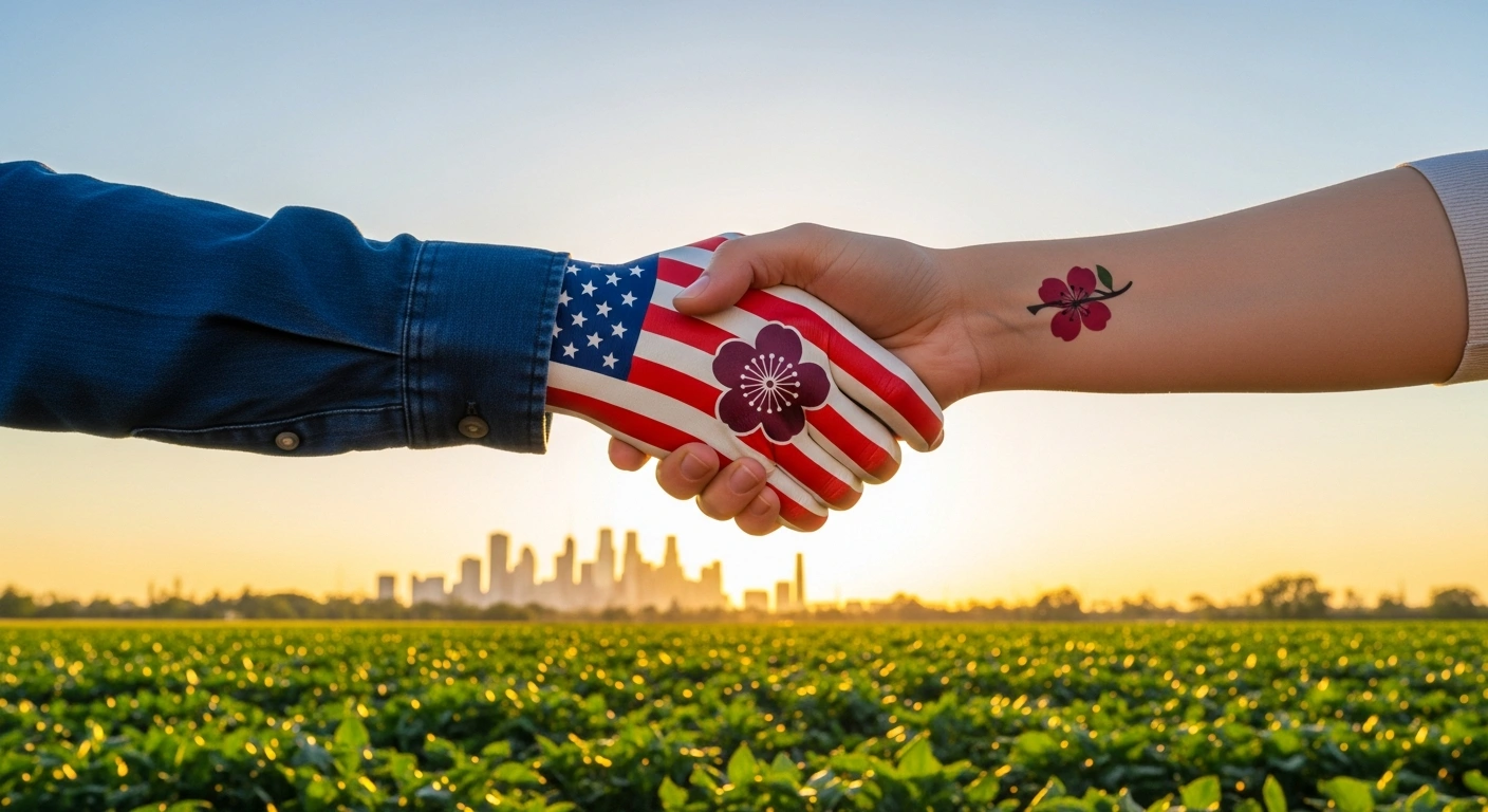 A wide-angle shot at golden hour depicts a symbolic handshake between figures representing the United States and Taiwan, with a vibrant crop field in the foreground and a modern factory skyline in the mid-ground, symbolizing new market opportunities and strengthened economic ties from a reciprocal trade agreement.