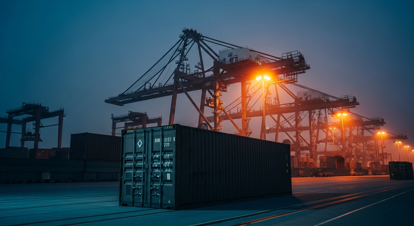 A large shipping container sits in a busy industrial port as the United States considers new tariffs on Japanese imports due to forced labor concerns.